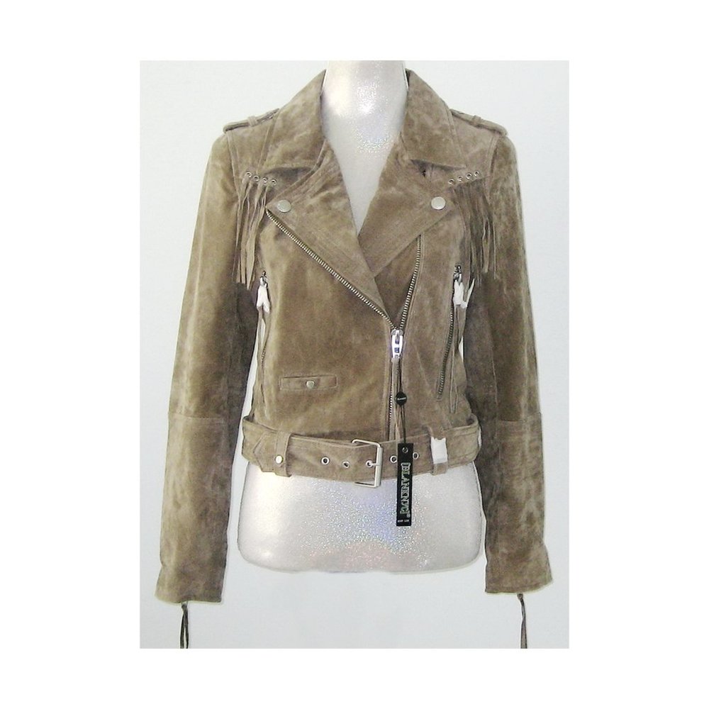 NWT Blank NYC FRINGE Suede Leather BIKER / MOTORCYCLE JACKET M Khaki MSRP $208